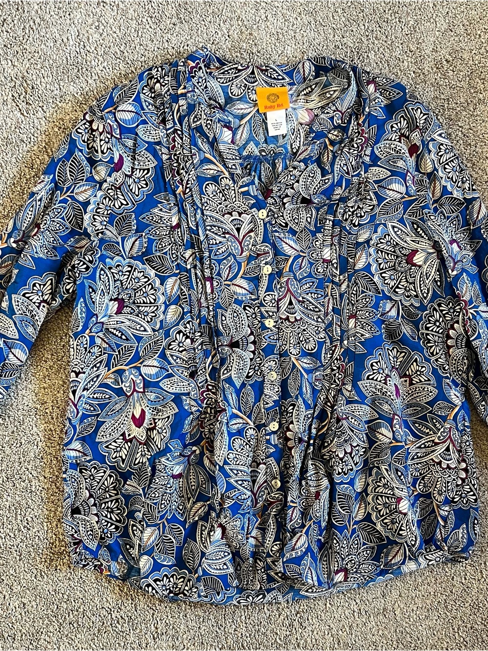 Ruby Rd Blue Floral and Paisley Button Down Flattering Top Large